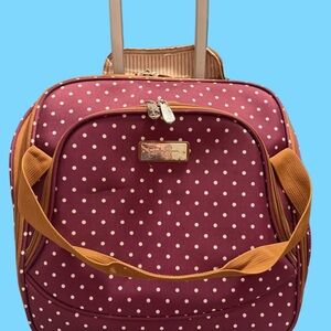 Jessica Simpson Burgundy Polka Dot Rolling Travel Bag with Tan Straps